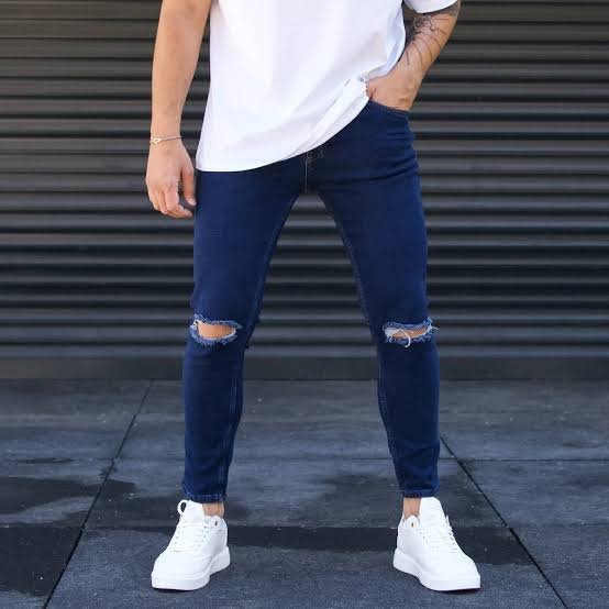 Mens dark blue knee ripped damage jeans