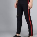 Mens knee damage black stripe jeans
